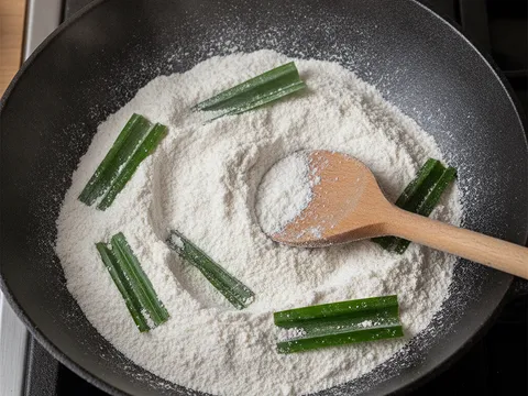 Tepung sagu putih disangai bersama potongan daun pandan dalam kuali kering sambil dikacau dengan senduk kayu