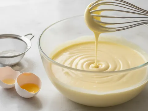 Gula aising dan kuning telur dipukul dalam mangkuk sehingga menjadi adunan pucat berkrim dan licin