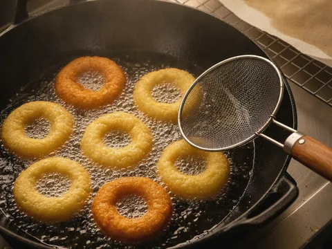 Gelang keria digoreng terendam dalam minyak panas sehingga kembung dan keemasan