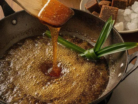 Sira gula melaka dimasak dalam kuali sehingga menggelegak pekat dan menjuntai dari sudip