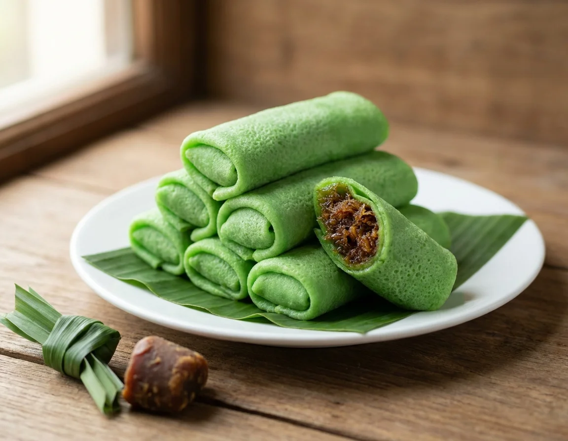 Kuih ketayap hijau pandan digulung kemas, dipotong menampakkan inti kelapa gula melaka di atas pinggan beralas daun pisang