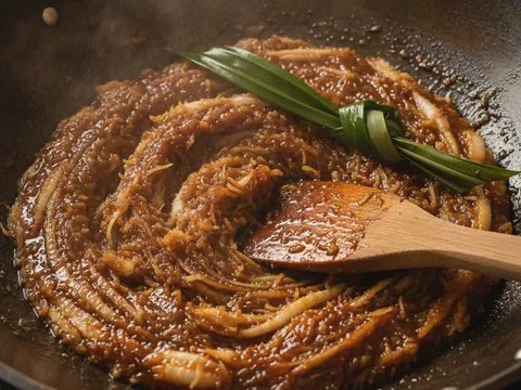 Inti kelapa gula melaka berwarna coklat keemasan dikacau dalam kuali bersama daun pandan