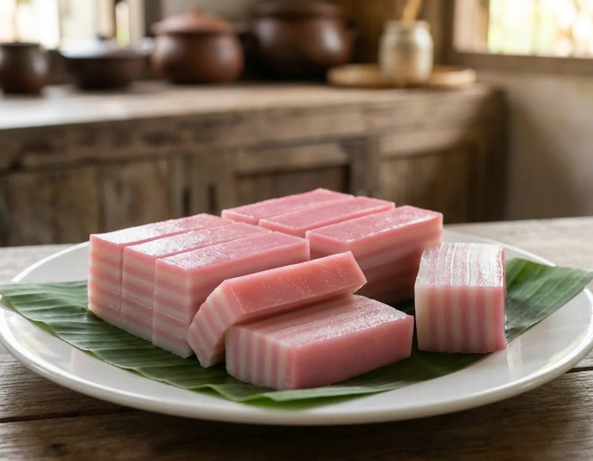 Potongan kuih lapis tepung beras 9 lapis merah jambu dan putih tersusun di atas pinggan, lapisan nipis jelas kelihatan