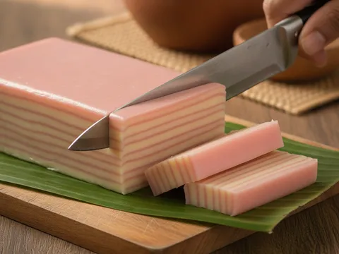 Kuih lapis 9 lapis yang telah sejuk dipotong kemas menampakkan lapisan merah jambu dan putih