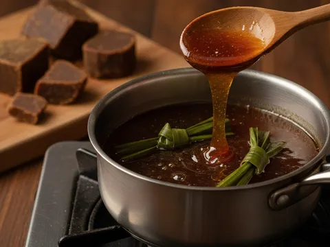 Sirap gula melaka coklat gelap mereneh perlahan dalam periuk kecil bersama daun pandan