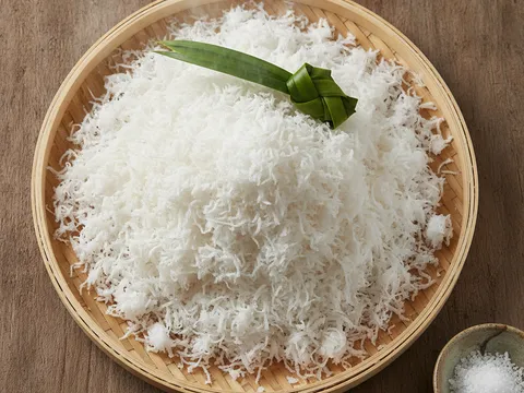 Kelapa parut putih gebu dikukus dalam bekas dengan sehelai daun pandan di atasnya