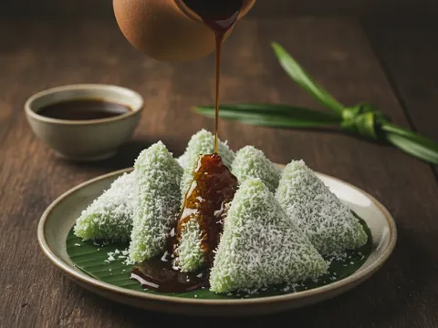 Kuih lopes segi tiga bersalut kelapa parut disiram sirap gula melaka di atas pinggan beralas daun pisang