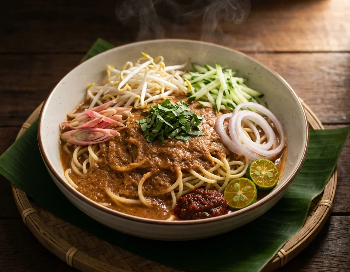 Semangkuk laksa Johor dengan spaghetti disirami kuah ikan pekat, dihias taugeh, timun, bunga kantan dan sambal belacan