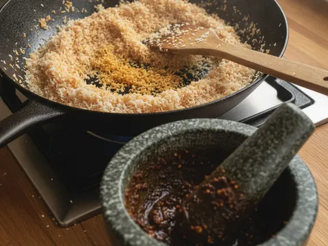 Kelapa parut digoreng tanpa minyak sehingga perang keemasan untuk dijadikan kerisik laksa Johor
