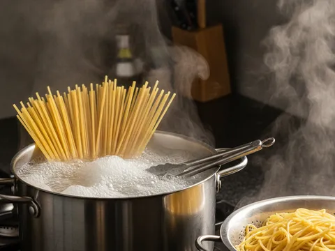 Spaghetti direbus dalam air mendidih sehingga al dente untuk hidangan laksa Johor