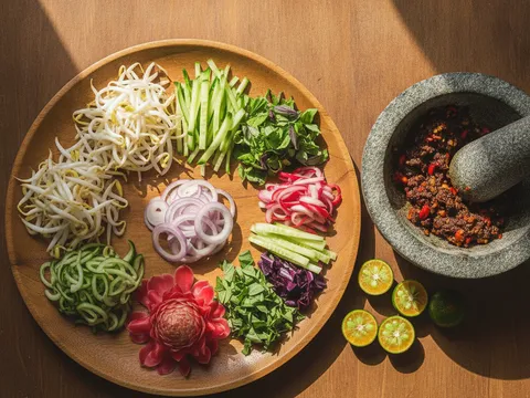 Ulam laksa Johor lengkap dengan taugeh, timun, bawang besar, bunga kantan, daun kesum dan sambal belacan