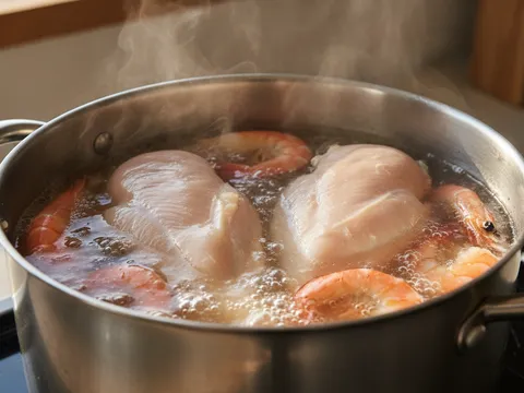 Dada ayam dan udang direbus dalam periuk stok yang menggelegak perlahan