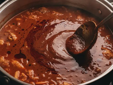 Kuah laksa Sarawak merah gelap direneh bersama kulit udang dalam periuk dengan minyak berempah naik ke permukaan
