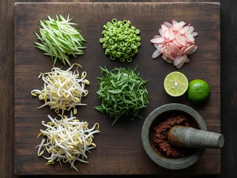 Ulam hiris halus timun, kacang panjang, taugeh, daun kesum dan bunga kantan bersama sambal belacan