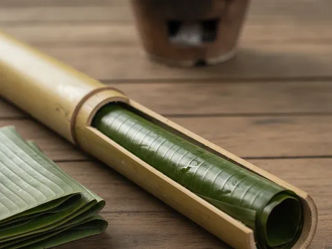 Daun pisang muda digulung dan dimasukkan ke dalam batang buluh lemang sebagai lapik