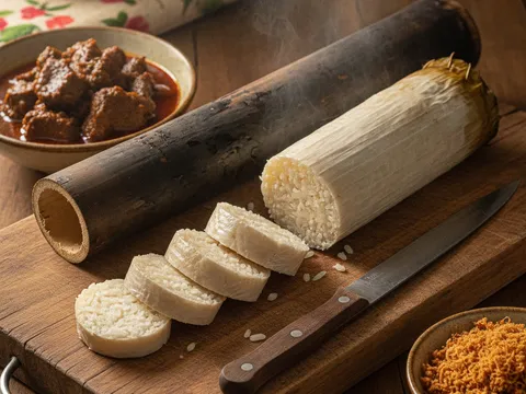 Lemang ditarik keluar dari batang buluh hangus dan dipotong bulat berlapik daun pisang di atas papan pemotong kayu