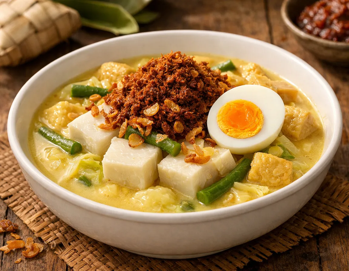 Lontong Kuah Lodeh Tradisional Malaysia dengan nasi impit, kuah kuning berkrim, tauhu goreng, tempe, dan udang segar