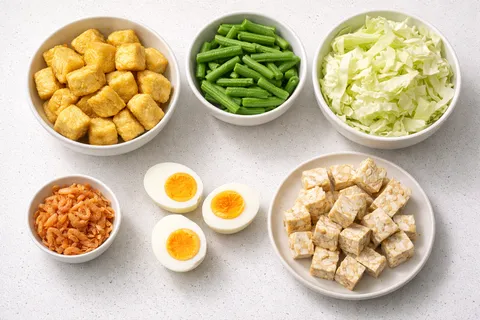 Tauhu goreng keemasan, tempe goreng, dan sayur-sayuran dipotong rapi
