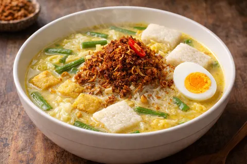Lontong Kuah Lodeh siap dihidang dalam mangkuk dengan telur rebus, sambal, dan serunding