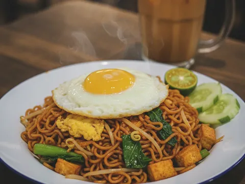 Maggi goreng siap dihidang di atas pinggan bersama limau kasturi, timun dan telur mata