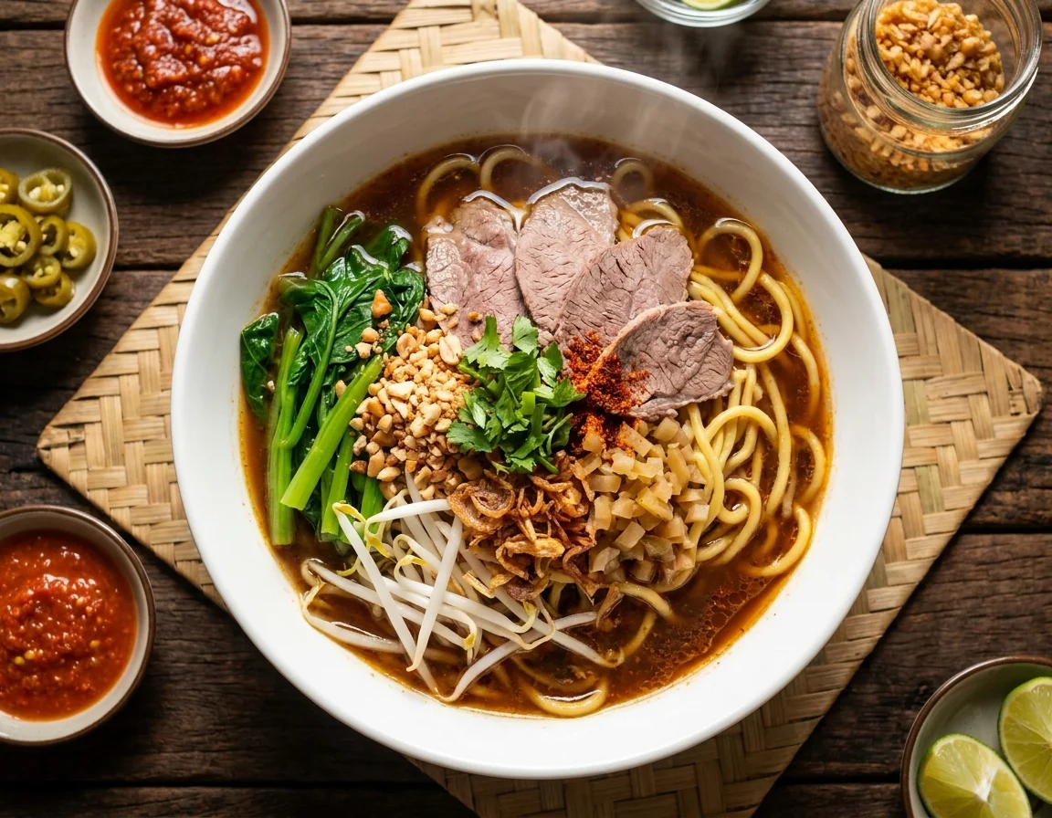 Semangkuk mee celup Kelantan berisi mee kuning, hirisan daging, kangkung dan taugeh dengan kuah berempah, ditabur serbuk kacang, bawang goreng dan minyak bawang putih rangup