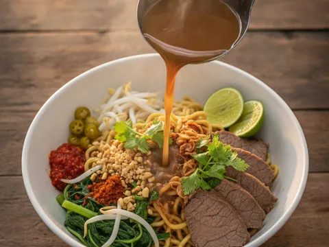 Mangkuk mee celup disiram kuah panas dan ditabur serbuk kacang, bawang goreng, lada jeruk dan minyak bawang putih