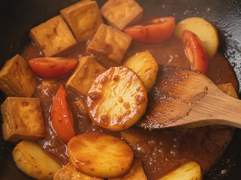 Tauhu dadu, hirisan kentang rebus dan ketulan tomato digaul dalam sos merah pekat dalam wok