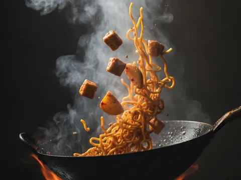 Mee kuning digaul dengan sos merah dalam wok panas beserta wap tebal naik