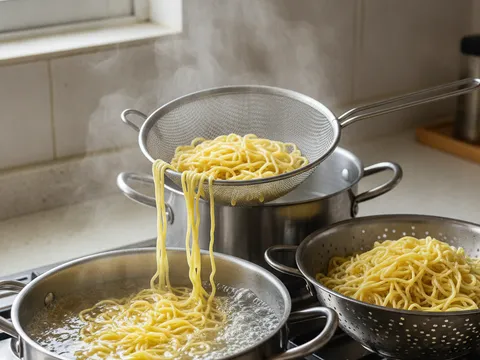 Mee kuning segar dicelur dalam air mendidih dan ditoskan dalam penapis