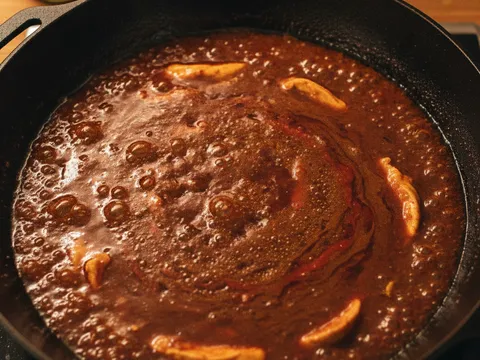 Kuah kicap-cili berwarna perang kemerahan gelap mendidih dalam kuali bersama hirisan ayam