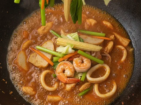 Lobak merah, batang sawi, kobis, jagung muda, udang dan sotong dimasukkan ke dalam kuah kicap-cili yang mendidih