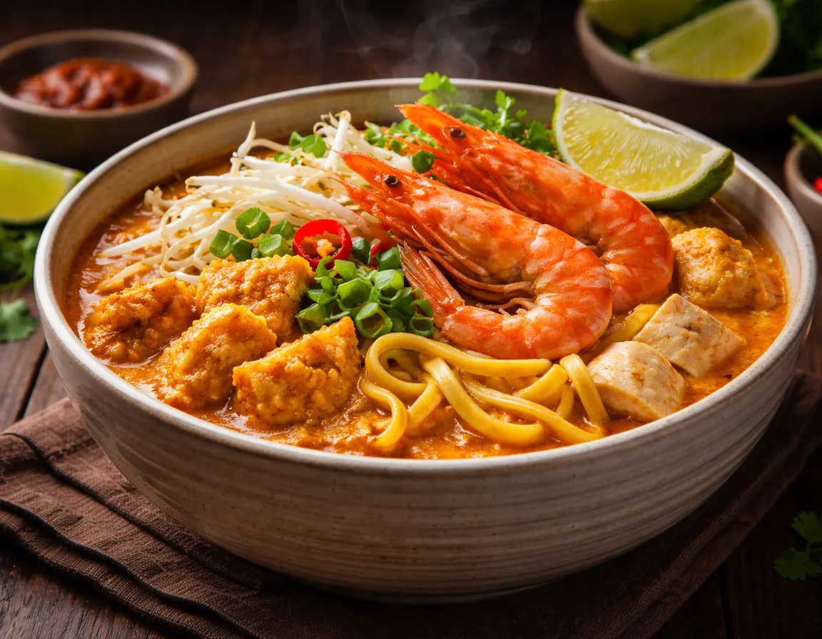 Mee Kari Malaysia dalam mangkuk — kuah kari kuning-oren pekat berkilat dengan mee kuning, taugeh, telur rebus belah dua, tauhu goreng, fishball dan daun bawang