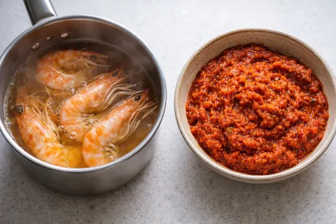 Kepala dan kulit udang direbus dalam periuk untuk buat stok, pes rempah merah-oren segar dikisar dalam blender — bawang merah, cili kering, halia dan serai