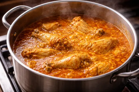 Potongan ayam dimasukkan ke dalam periuk pes kari, stok udang kemerahan dituang masuk, kentang dadu dan fishball mengambang dalam kuah kari yang mula mendidih