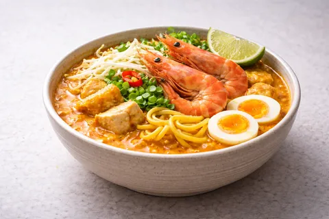 Mangkuk mee kari Malaysia yang siap — mee kuning lembut dalam kuah kari kuning-oren pekat berkilat, taugeh putih rangup, telur rebus belah dua, tauhu goreng keemasan, fishball, taburan bawang goreng dan daun bawang hijau