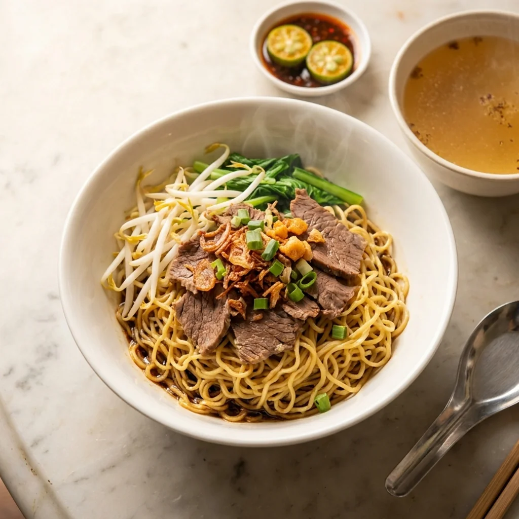 Mee Kolok Sarawak Minyak Bawang dengan Sup Daging