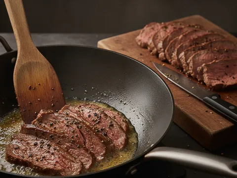 Hirisan nipis daging rebus digoreng sebentar dengan kicap dan lada hitam dalam kuali