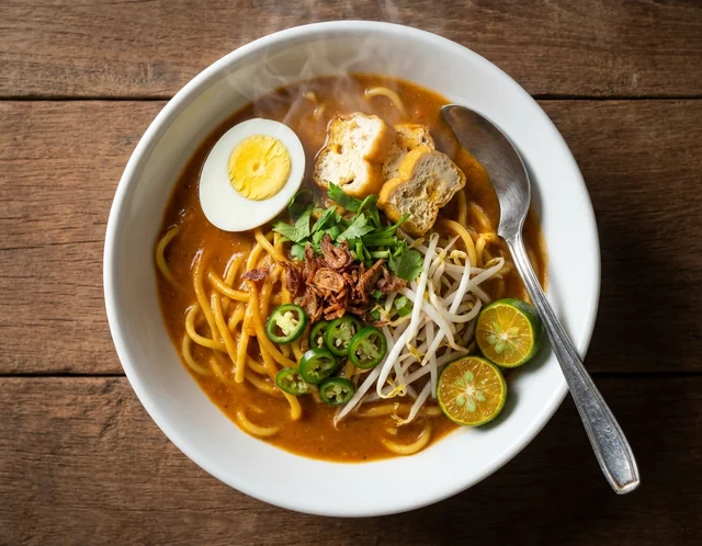 Semangkuk mee rebus dengan kuah pekat ubi keledek berwarna oren keperangan, telur rebus, tauhu goreng, taugeh dan hirisan cili hijau