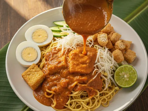 Pinggan mee rojak siap disiram kuah kacang keledek pekat, dengan tauhu, telur rebus, sengkuang dan timun tersusun sebelum digaul