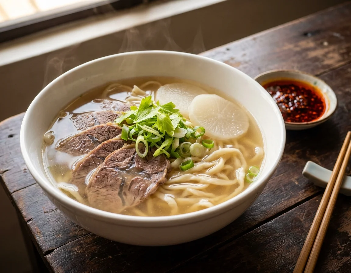 Semangkuk mee tarik dalam sup daging lembu bening dengan hirisan daging, lobak putih, daun bawang dan daun sup