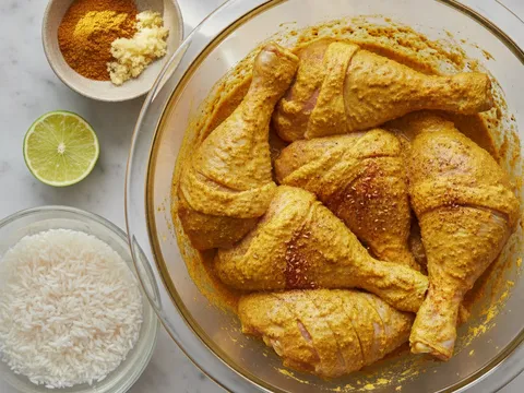 Ketul ayam whole leg dilumur perapan rempah mandy kuning keemasan dalam mangkuk, beras basmathi direndam di sebelah