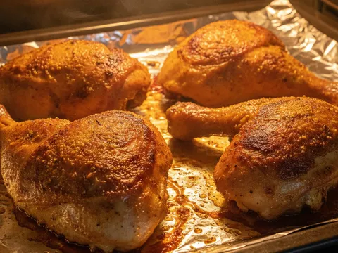 Ayam berempah mandy dipanggang keperangan di atas dulang oven dengan jus panggangan di sekeliling
