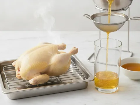 Ayam rebus ditoskan di atas redai dan stok ayam jernih keemasan ditapis ke dalam bekas