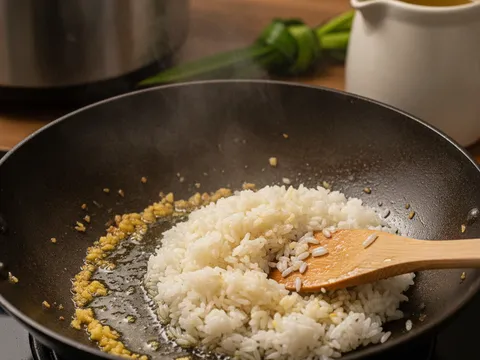 Halia dan bawang putih cincang ditumis keemasan bersama beras dalam kuali sebelum dimasak dengan stok ayam
