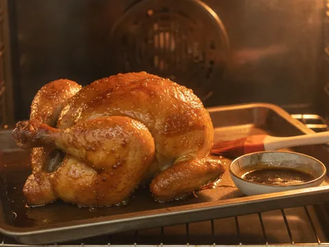 Ayam rebus disapu salutan madu kicap dan dipanggang sehingga kulit perang keemasan berkilat