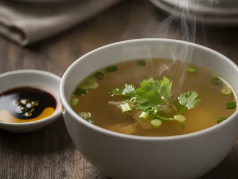 Sup ayam jernih keemasan dalam mangkuk kecil ditabur daun bawang, dengan bekas sos kicap di sebelah