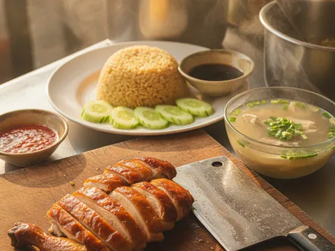 Hidangan nasi ayam lengkap — nasi berbutir, ayam madu dipotong atas timun, sos cili, sos kicap dan sup