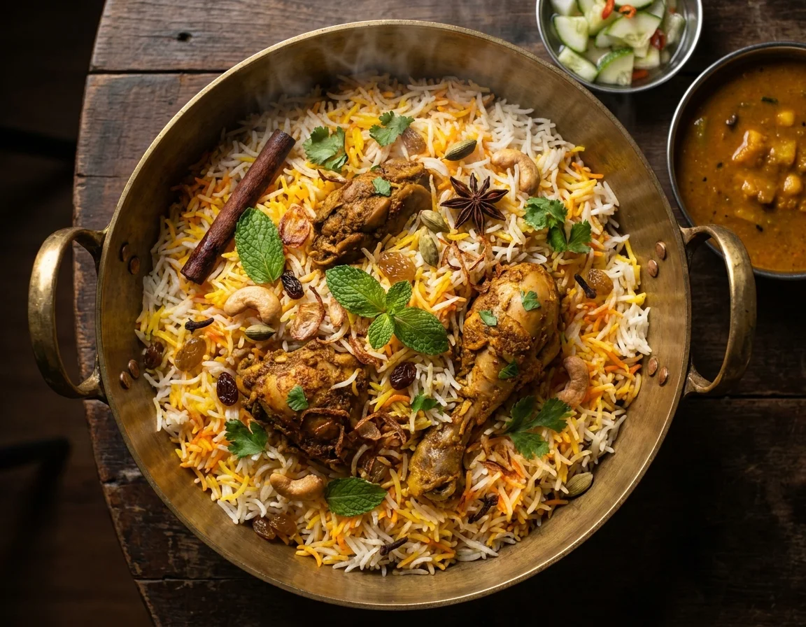 Nasi briyani ayam satu periuk dengan nasi basmathi berjalur kuning saffron, ketul ayam berempah, bawang goreng dan daun pudina