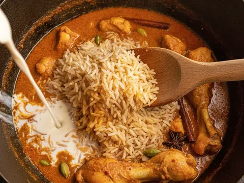 Beras basmathi digaul perlahan ke dalam kuah ayam berempah dalam periuk sambil air dituang dari tepi