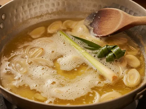 Butter cair berbuih dalam periuk bersama hirisan bawang, halia, serai dan daun pandan yang sedang ditumis